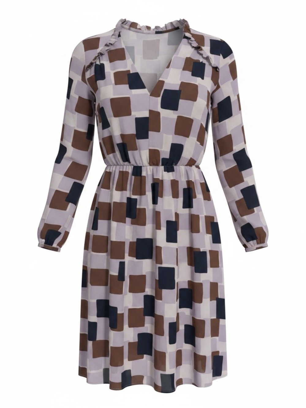 kate spade Brown & Navy Geometric Long Sleeve V-Neck Dress
